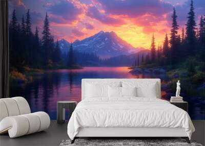 Photorealistic image of a serene mountain lake at sunset with the water reflecting the vibrant colors of the sky and the surrounding pine trees creating a peaceful and tranquil scene Wall mural