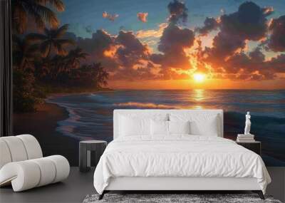 Photorealistic image of a tropical beach at sunset with palm trees silhouetted against the sky waves gently lapping at the shore and the sun setting over the horizon Wall mural