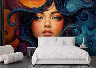 Semiabstract portrait of a woman with flowing hair that turns into abstract vibrant patterns representing beauty and individuality Wall mural