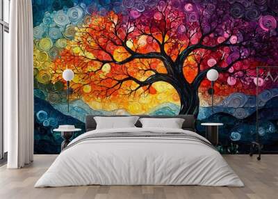 Semiabstract tree where the branches form colorful flowing patterns resembling the interconnectedness of nature and life Wall mural