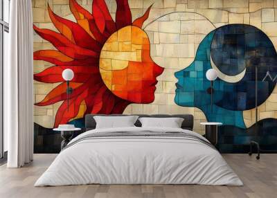 Vector design of an abstract sun and moon using sharp lines and bold colors to represent the passage of time and the balance of day and night Wall mural