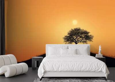 Vector of a single tree on a hill with a small sun or moon in the background emphasizing solitude and peace Wall mural