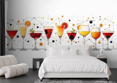 Depiction of beverage pairing food service where careful selection of wines beers spirits enhances flavors of food creating balanced and satisfying dining experience illustrated in an abstract design Wall mural