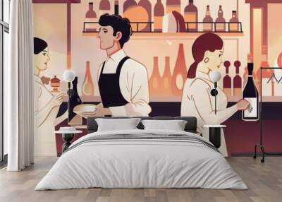 Food service providing exceptional table service where professional waitstaff offer personalized care ensuring diners needs are met with efficiency and warmth depicted in a refined illustration Wall mural