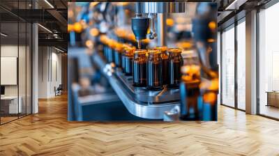 A close-up shot of a machine filling small glass bottles on an assembly line. Wall mural