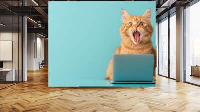 A ginger cat with wide eyes and an open mouth sits in front of a laptop computer, looking surprised. Wall mural