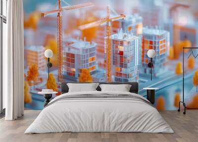 A miniature model of a city with construction cranes. Wall mural