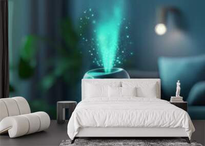 A modern air purifier with a glowing blue light, illuminating the room. Wall mural