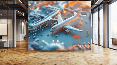 A white airplane sits on the tarmac at an airport, with a control tower in the background. Wall mural