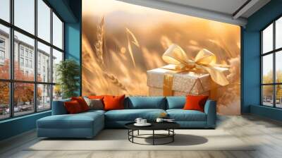 Abstract wheat field with golden gift box. Warm bright summer day. Sunset light. Golden color blurred background. Generative AI Wall mural