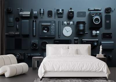 Assorted electronic gadgets and accessories on a dark background. Modern technology concept. Wall mural