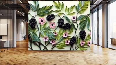 Blackberries plant and flowers paper quilling isolated on white. Wall mural