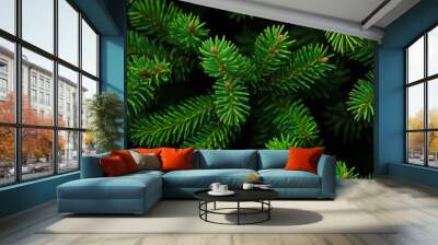 Dense green pine branches forming a natural pattern. Lush foliage seamless background with organic texture. Wall mural