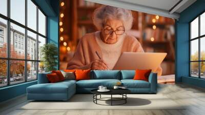 Elderly woman using laptop in cozy home office with books and lights. Senior learning technology. Wall mural