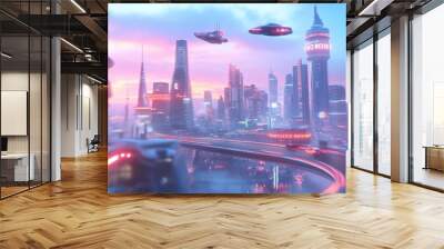 futuristic cityscape with flying cars and neon skyscrapers at dusk. vibrant urban skyline with technology. Wall mural