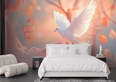 Girl in warm light inviting a white dove, inspirational message Jesus loves you. Wall mural