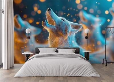 Glowing blue wolves howling in a fiery abstract landscape. Mystical and vibrant digital art. Wall mural