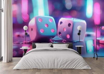 Glowing dice on reflective surface with neon lights. Casino gambling background Wall mural