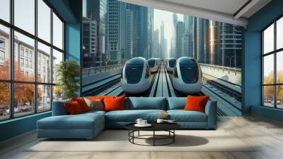 High-speed trains glide through a futuristic cityscape, symbolizing progress and innovation. Wall mural