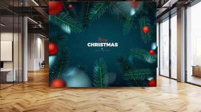 Merry Christmas red background, abstract festive banner with red balls and fir tree forest 3d vector design Wall mural