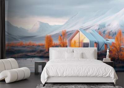 Modern pod home in tranquil autumn mountain landscape at dusk. Wall mural