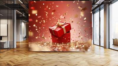 opened gift box with golden confetti. Abstract luxury red background. Generative AI. Wall mural