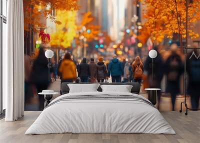 People walking on autumn city street, vibrant fall foliage, blurred urban scene. Wall mural