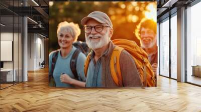 senior hikers with backpacks enjoying sunset on mountain trail. active lifestyle and nature adventure. Wall mural