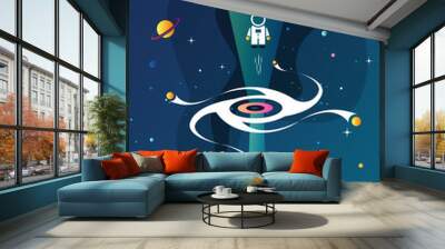 Space exploration modern vertical poster design with a Black Hole and Galaxy in cosmos. Cute time travel quantum physics template vector scientific illustration with a portal Wall mural