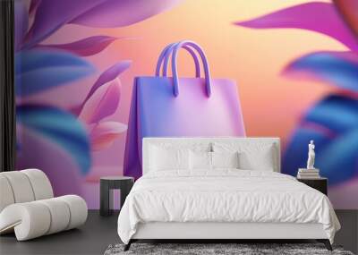 Stylish purple shopping bag with abstract pink foliage on vibrant background. Wall mural