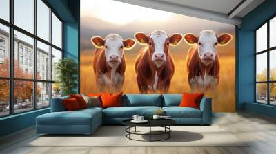 Three cows standing in a field during golden hour, serene rural scene. Wall mural