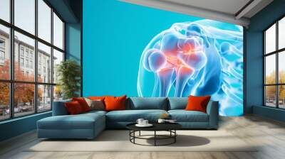 Transparent human shoulder joint with highlighted pain area on blue background. Medical anatomy concept. Wall mural