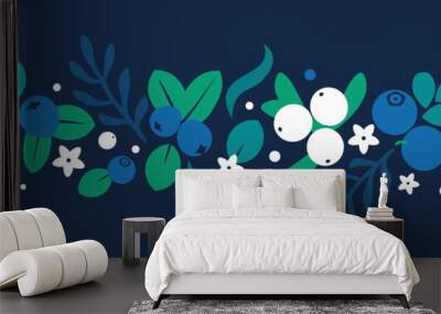 Vector flat flowers and berries background, creative color pattern. Wall mural