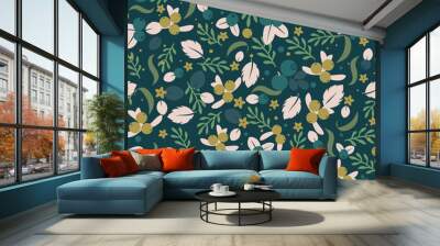 Vector flat flowers and berries seamless pattern design. Wall mural