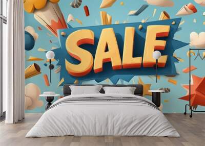 Vibrant comic style sale banner with floating design elements and copy space. Wall mural