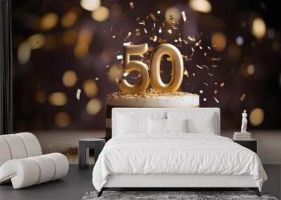 White and golden cake with number 50 on a table decorated for a party celebration Wall mural