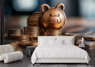 A golden piggy bank surrounded by shiny coins, symbolizing savings and financial security. Wall mural