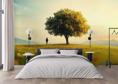 A serene landscape featuring a solitary tree against a golden sunset, evoking tranquility and contemplation. Wall mural