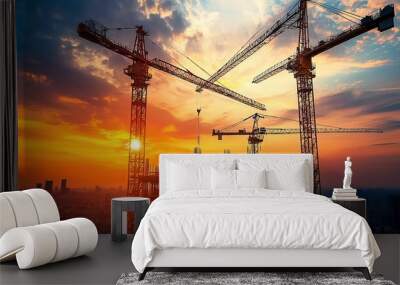 Dramatic sunset view of construction cranes over a building site, showcasing urban development and industrial growth. Wall mural