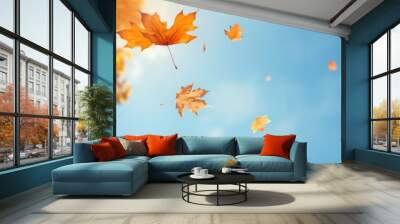 Fallen leaves falling from trees background sky. Falling autumn beech leaves against clear blue sky. Wall mural