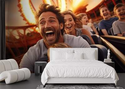 Father and children family riding a rollercoaster at an amusement park experiencing excitement, joy, laughter, and fun Wall mural