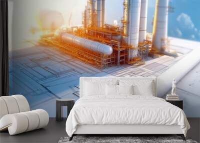 Industrial plant with blueprints on a desk, white isolate background. Wall mural