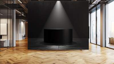 Minimalist black cylindrical podium with a spotlight effect from above, highlighting elegance Wall mural