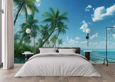 Serene beach landscape with tall palm trees swaying in a gentle breeze against a clear blue sky Wall mural