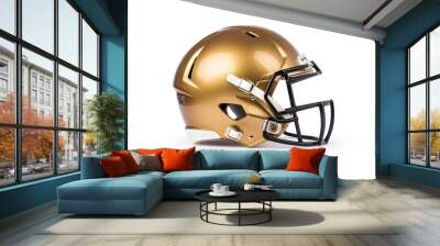 Stylish gold football helmet isolated on white background, perfect for sports-themed projects and branding. Wall mural