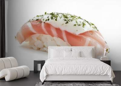 Sushi piece with rice and fish, white isolated background. Wall mural