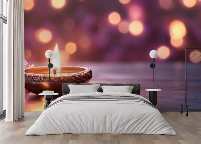 A serene Diwali scene with a single glowing lamp, shimmering bokeh lights, and a backdrop of blooming flowers Wall mural