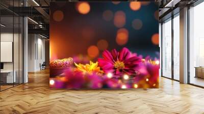 A vibrant Diwali setting featuring bokeh lights, a decorative lamp, and a garland of fresh flowers Wall mural