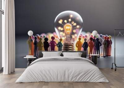 business illustration. small people characters develop creative business idea. Isometric big light bulb as metaphor idea. Graphics design Generative AI Wall mural