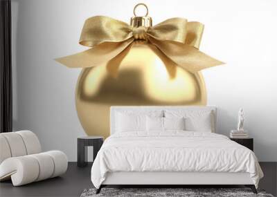 gold Christmas ball with ribbon and a bow, isolated on background. Generative AI Wall mural